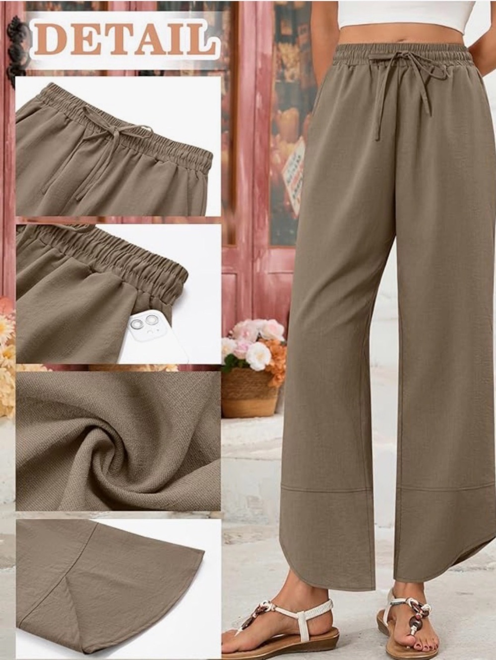 Wide-Leg Drawstring Pants Tulip Hem in Beige #335 - Picture 2 of 16